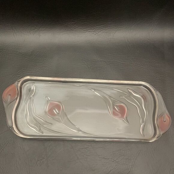 Serving Tray Glass Pink Clear Raised Tulip Embossed Bottom Appetizer Vanity - Picture 2 of 8